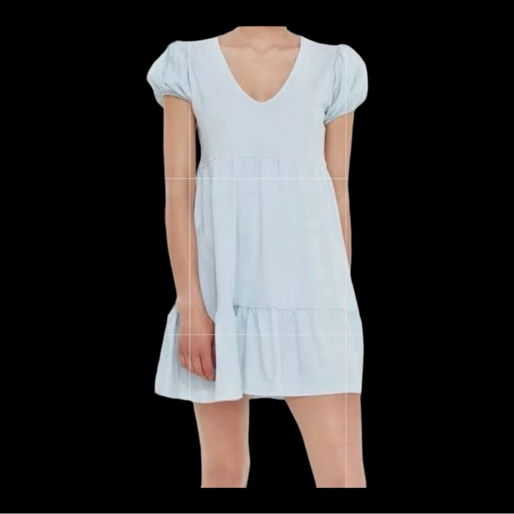 Black Tape Women’s V-Neck Puff-Sleeve Baby Doll Dress. Light Sky Blue. Size XS